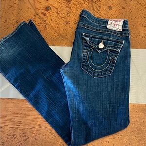 True Religion 32X32 Blue Boot Cut Jeans with Horseshoe Stitching